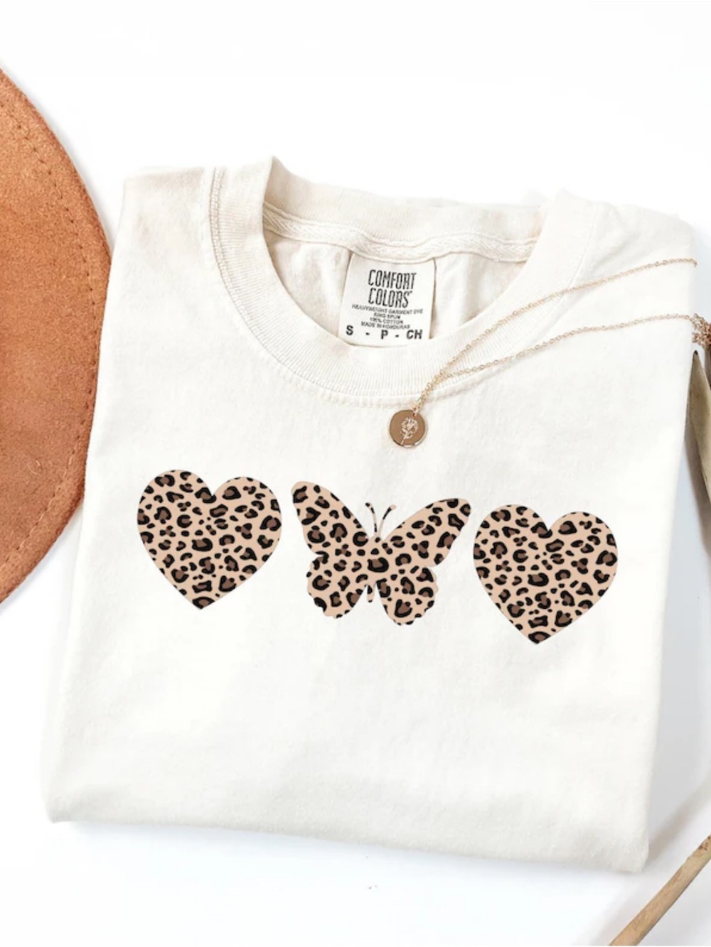 Comfort Colors Ivory Tee with Leopard Heart & Butterfly Motif